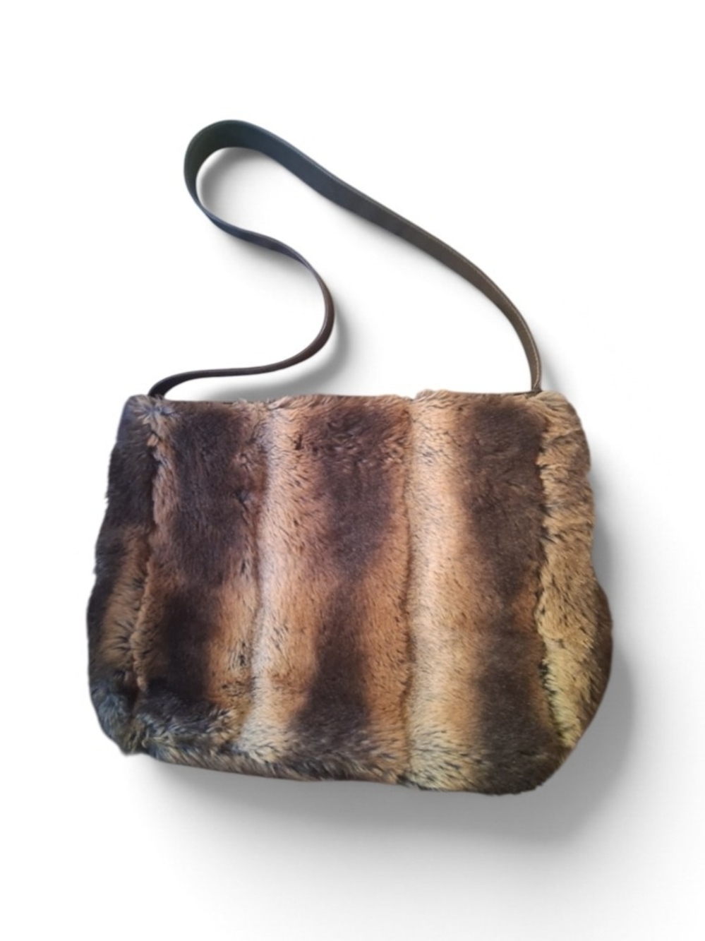 Vintage Faux Fur oversized purse bag/Magnetic Snap Closure/Leather Strap/Brown